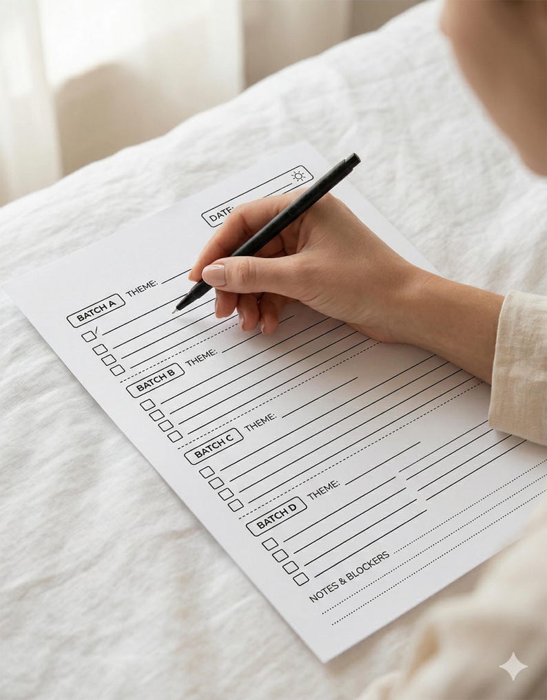 May include: A white paper planner with a black pen. The planner has sections labeled "BATCH A," "BATCH B," "BATCH C," and "BATCH D," with space for themes and notes. The word "DATE" is at the top. The pen is held by a person.