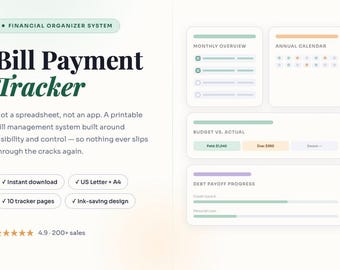 Bill Payment Tracker | Monthly Budget, Debt Payoff, Subscription Organizer (PDF Download)