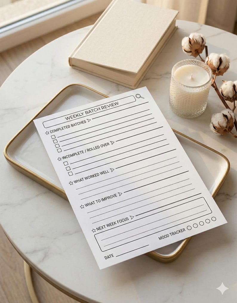May include: A white Weekly Batch Review notepad with a search bar, checkboxes, and prompts for notes. The notepad is on a gold-rimmed tray, with a book, candle, and decorative cotton stems in the background. The notepad includes a mood tracker.