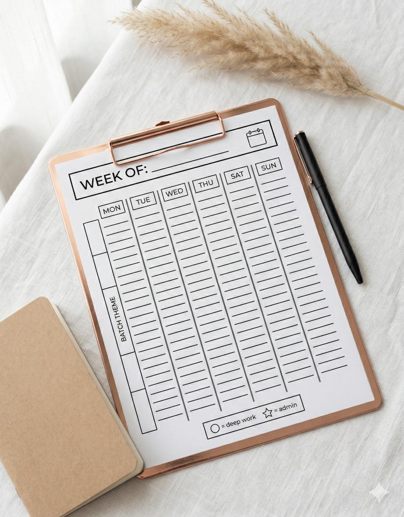 May include: A rose gold clipboard with a weekly planner sheet, a black pen, and a small tan notebook. The planner sheet has sections for each day of the week, with the text "WEEK OF:" at the top. The clipboard is on a white surface.