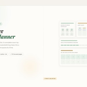 Può includere: Un pianificatore domestico digitale intitolato "Declutter Home Planner". Include un sistema stanza per stanza, una lista di controllo, un tracker dei progressi e una sfida di decluttering di 30 giorni. Il design è minimalista con una palette di colori tenui.