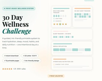 30 Day Wellness Challenge Printable | Habit Tracker, Mood, Sleep, Hydration Log (PDF)