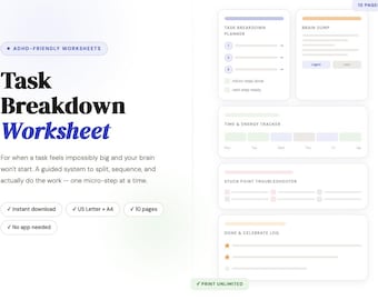 ADHD Task Breakdown Worksheet | Neurodivergent Productivity Planner (Instant PDF Download)