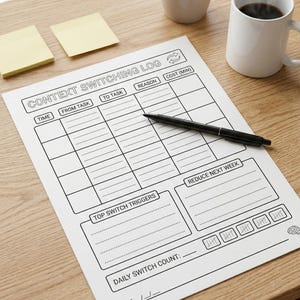 May include: A black and white "Context Switching Log" sheet with a pen, coffee mug, succulent, and sticky notes on a wooden desk. The log includes sections for time, tasks, reasons, and cost, with areas for top switch triggers and reducing next week.