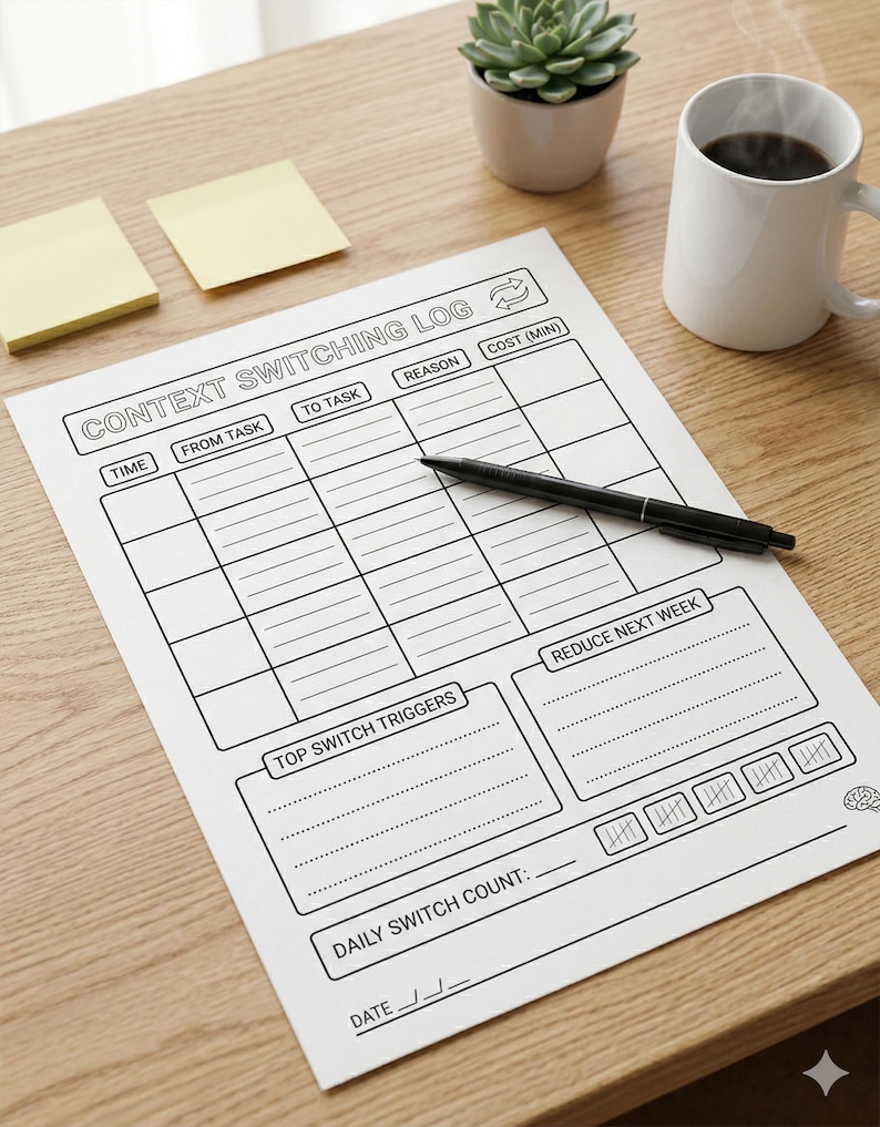 May include: A black and white "Context Switching Log" sheet with a pen, coffee mug, succulent, and sticky notes on a wooden desk. The log includes sections for time, tasks, reasons, and cost, with areas for top switch triggers and reducing next week.