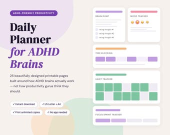 ADHD Daily Planner | Focus, Time Blocking, Brain Dump Productivity Pages (PDF)