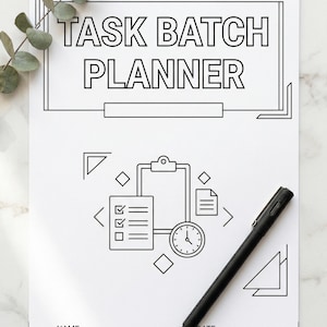 May include: A black and white Task Batch Planner with a black pen. The planner features the text "TASK BATCH PLANNER" in a bold font. The design includes a checklist, clock, and geometric shapes. The pen is angled across the page.