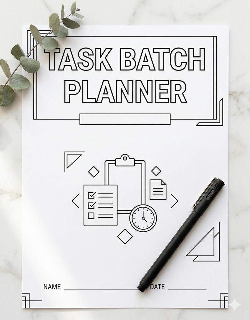 May include: A black and white Task Batch Planner with a black pen. The planner features the text "TASK BATCH PLANNER" in a bold font. The design includes a checklist, clock, and geometric shapes. The pen is angled across the page.