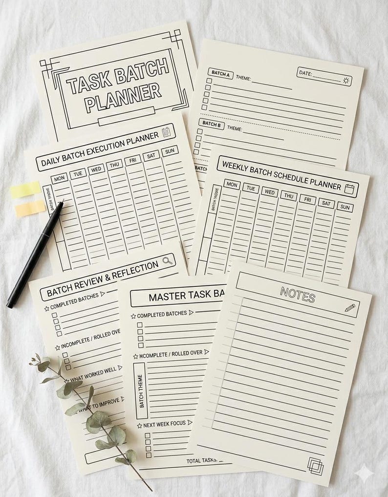 May include: A collection of beige task batch planners with black text and lines. The planners include titles such as "Task Batch Planner", "Daily Batch Execution Planner", and "Weekly Batch Schedule Planner". A black pen, sticky notes, and a sprig of greenery are also present.