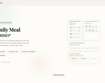 Family Meal Planner | Weekly Monthly Prep Organizer (Digital Download)