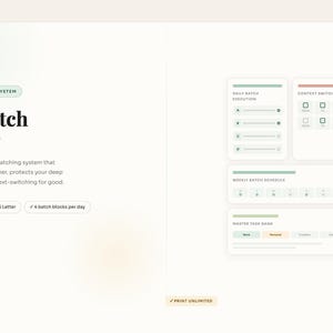 May include: A digital planner named "Task Batch Planner" with a minimalist design. The layout includes sections for daily and weekly scheduling, and a master task bank. The text highlights features like instant download and ink-saving design.