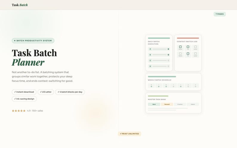May include: A digital planner titled "Task Batch Planner" with a minimalist design. The layout includes sections for daily and weekly scheduling, and a master task bank. The text highlights features like instant download and ink-saving design.