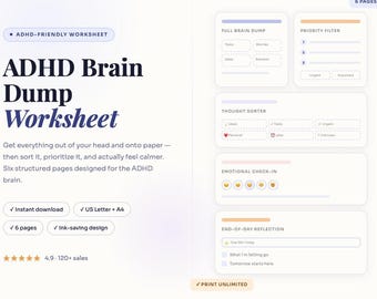 ADHD Brain Dump Worksheet | Thought Organizer, Priority Filter (6-Page PDF)
