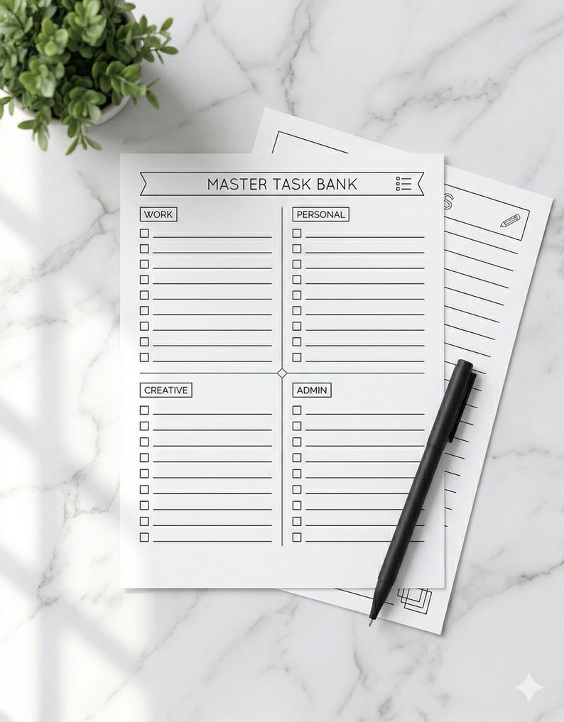 May include: White task management notepad with the text "MASTER TASK BANK" and sections for Work, Personal, Creative, and Admin tasks. A black pen rests on the notepad. The notepad is on a marble surface.