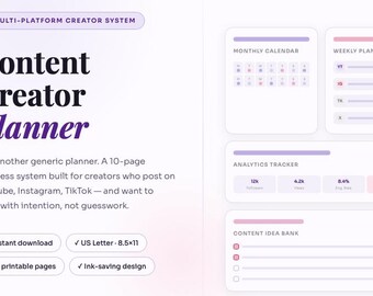 Content Creator Planner | Social Media, YouTube, Instagram, TikTok Calendar (Digital Download)
