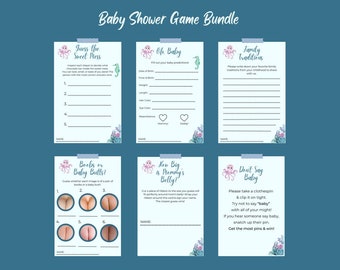 May include: A set of printable baby shower games featuring an octopus and seahorse theme. The games include "Guess the Sweet Mess", "Oh Baby", "Family Traditions", "Boobs or Baby Butts", "How Big is Mommy's Belly?", and "Don't Say Baby".