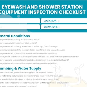 以下が含まれることがあります： 洗眼器とシャワーのステーションの検査チェックリスト。チェックリストには、一般的な条件と配管と給水のセクションが含まれています。各セクションには、はい、いいえ、またはN/Aの質問がいくつかあります。