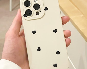 Black Heart Pattern Beige Phone Case for iPhone 17 16 15 14 13 12 11 11 Pro Max Mini 7 8 XR XS X Shockproof Phone Cover with Customised Name