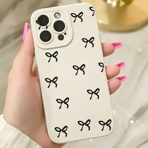 Black Bow Pattern Beige Phone Case for iPhone 17 16 15 14 13 12 11 11 Pro Max Mini 7 8 XR XS X Shockproof Phone Cover with Personalised Name