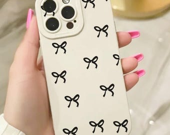 Black Bow Pattern Beige Phone Case for iPhone 17 16 15 14 13 12 11 11 Pro Max Mini 7 8 XR XS X Shockproof Phone Cover with Personalised Name