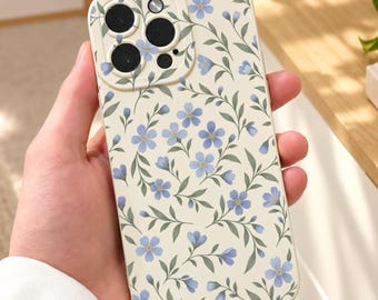 Funda para teléfono con estampado floral micro azul y flores beige para iPhone 18 17 16 15 14 13 12 11 11 Pro Max 7 8 XR XS X. Funda protectora a prueba de golpes con nombre personalizado.