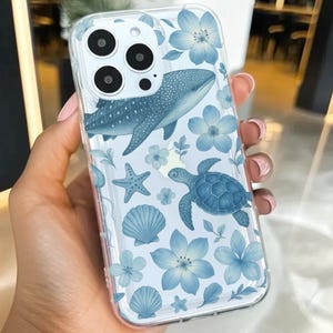 Blue Sea Life Turtle Pattern Clear Phone Case for iPhone 16 15 14 13 12 11 11 Pro Max Mini 7 8 XR XS X Wallet Shockproof Cover
