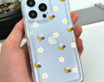 Bee Floral Print Clear Phone Case for iPhone 17 16 15 14 13 12 11 11 Pro Max Mini 7 8 XR XS X Shockproof Silicone Phone Cover Custom Name