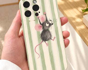 Funny Mouse Green Stripe Beige Phone Case for iPhone 18 17 16 15 14 13 12 11 11 Pro Max 7 8 XR XS X Shockproof Phone Cover with Custom Name