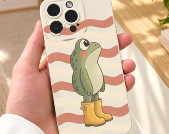 Funny Frog Wavy Stripe Beige Phone Case for iPhone 18 17 16 15 14 13 12 11 11 Pro Max 7 8 XR XS X Shockproof Phone Cover with Custom Name