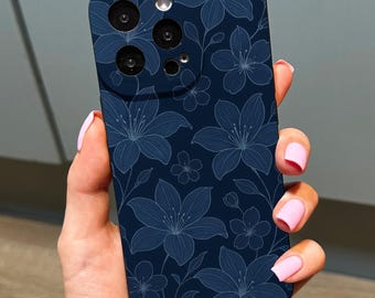 Navy Blue Botanical Lily Flowers Floral Phone Case for iPhone 17 16 15 14 13 12 11 11 Pro Max Mini 7 8 XR XS X Shockproof Phone Cover