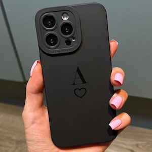 Personalised Letter Black Phone Case with Heart for iPhone 17 16 15 14 13 12 11 11 Pro Max Mini 7 8 XR XS X Shockproof Phone Cover