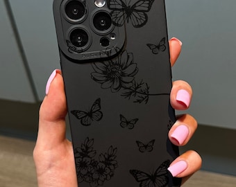 Butterfly and Flower Print Phone Case with Personalised Name for iPhone 17 16 15 14 13 12 11 11 Pro Max Mini 7 8 XR XS X Shockproof Cover