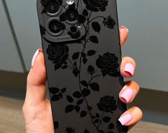 Black Rose Flower Pattern Phone Case for iPhone 17 16 15 14 13 12 11 11 Pro Max Mini 7 8 XR XS X Shockproof Phone Cover with Customised Name