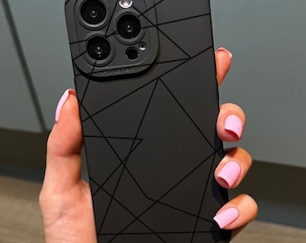 Geometric Abstract Black Phone Case for iPhone 17 16 15 14 13 12 11 11 Pro Max Mini 7 8 XR XS X Shockproof Phone Cover with Customised Name