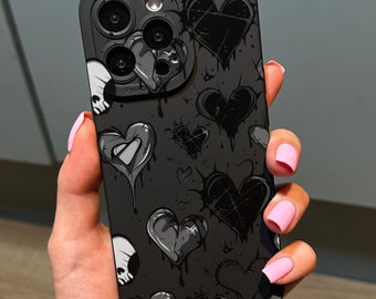 Gothic Emo Black Heart Phone Case for iPhone 17 16 15 14 13 12 11 11 Pro Max Mini 7 8 XR XS X Shockproof Phone Cover with Customised Name