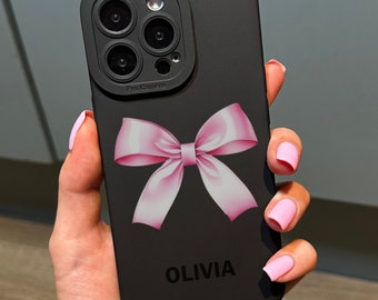 Personalised Name Pink Bow Phone Case with Modern Name for iPhone 17 16 15 14 13 12 11 11 Pro Max Mini 7 8 XR XS X Shockproof Cover Ribbon
