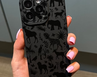 Svart mobilskal med djurmotiv och naturtryck för iPhone 17 16 15 14 13 12 11 11 Pro Max Mini 7 8 XR XS X Stötsäkert mobilskal med personligt namn