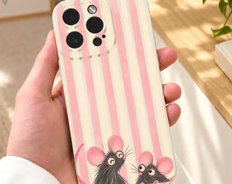 Funny Mouse Pink Stripe Beige Phone Case for iPhone 18 17 16 15 14 13 12 11 11 Pro Max 7 8 XR XS X Shockproof Phone Cover with Custom Name