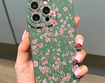 Micro Pink Cherry Blossom Pattern Green Phone Case for iPhone 17 16 15 14 13 12 11 11 Pro Max Mini 7 8 XR Shockproof Phone Cover Custom Name