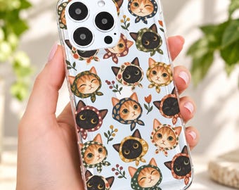 Cute Cat Face Wearing Scarf Phone Case for iPhone 18 17 16 15 14 13 12 11 11 Pro Max Mini XR Shockproof Slim Phone Cover with Custom Name