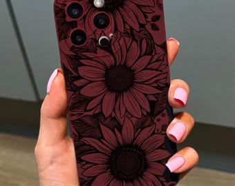 Black Sunflower Burgundy Phone Case for iPhone 17 16 15 14 13 12 11 11 Pro Max Mini 7 8 XR XS X Shockproof Phone Cover with Custom Name