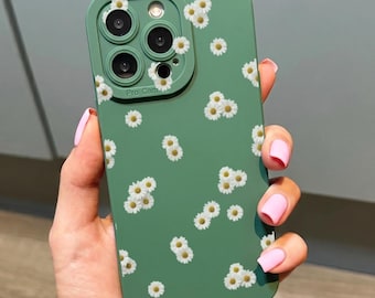 Floral Daisy Flower Pattern Green Phone Case for iPhone 17 16 15 14 13 12 11 11 Pro Max Mini 7 8 XR Shockproof Phone Cover with Custom Name