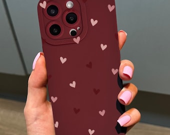 Pink Burgundy Hearts Burgundy Phone Case for iPhone 18 17 16 15 14 13 12 11 11 Pro Max Mini 7 8 XR XS X Shockproof Phone Cover with Custom