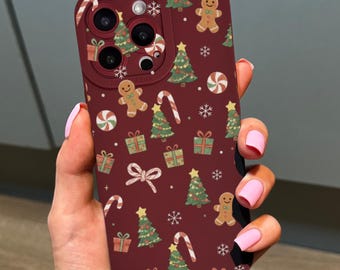 Burgundy Christmas Tree Snowflake Gingerbread Phone Case for iPhone 18 17 16 15 14 13 12 11 11 Pro Max XR Shockproof Phone Cover Custom Name