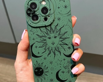 Celestial Moon Sun Star Mönster Grönt Telefonskal för iPhone 17 16 15 14 13 12 11 11 Pro Max Mini 7 8 XR Stötsäkert Telefonskal Anpassat Namn