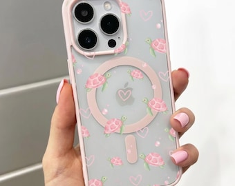Heart Turtle Beach Pattern Pink MagSafe Phone Case for iPhone 17 16 15 14 13 12 11 11 Pro Max Mini XR X XS Shockproof Magnetic Phone Cover