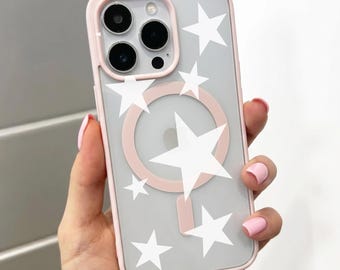 Large White Star Pattern Pink MagSafe Phone Case for iPhone 17 16 15 14 13 12 11 11 Pro Max Mini XR X XS Shockproof Magnetic Phone Cover