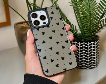Mirror Cute Heart Print Phone Case for iPhone 15 14 13 12 11 11 Pro Max Mini 7 8 XR XS X Shockproof Phone Cover for Make Up with Custom Name