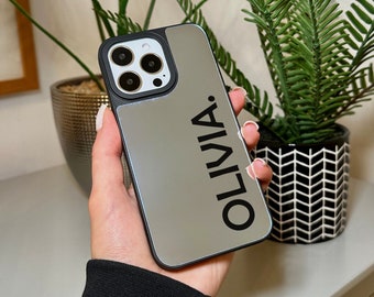 Coque de téléphone miroir personnalisée avec nom moderne pour iPhone 15 14 13 12 11 11 Pro Max Mini 7 8 XR XS X Coque de téléphone antichoc personnalisée