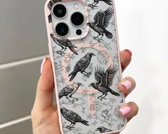 Black Gothic Ornate Ravens Crows Pink MagSafe Phone Case for iPhone 17 16 15 14 13 12 11 11 Pro Max Mini XR X XS Shockproof Magnetic Cover